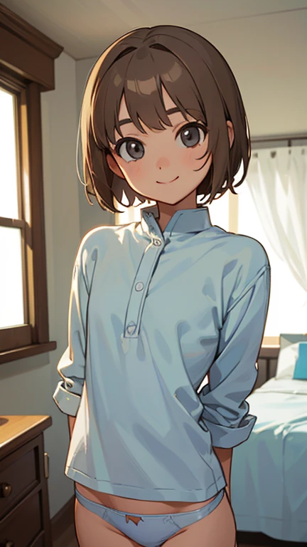 Highest quality、Realistic、zoom、man、cute、Grey Eyes、Light brown hair、short hair、Upper body naked、Light blue panties、thin、smile、Bedroom、Cowboy Shot