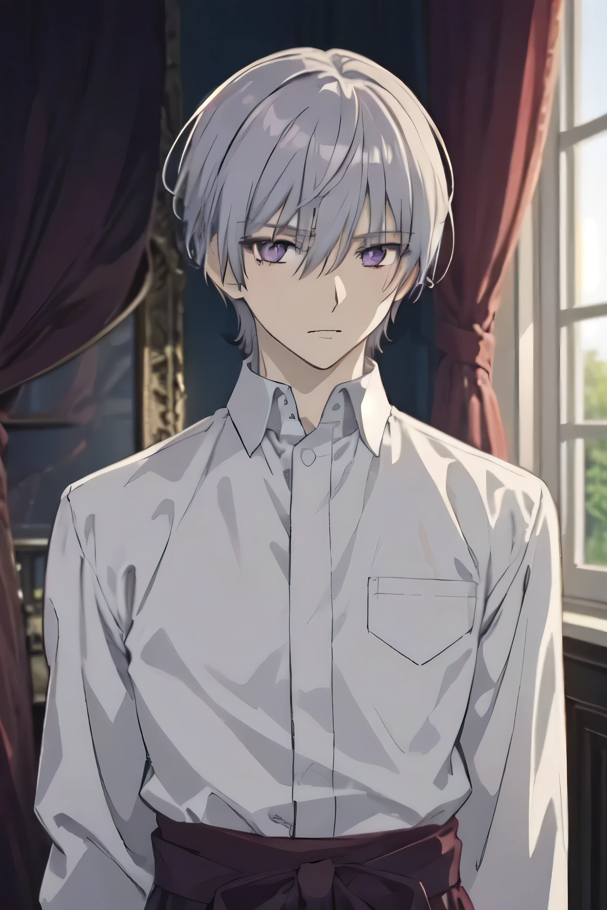 masterpiece, best quality, , 1boy, solo, male focus, looking at viewer, upper body, depth of field, anime coloring, , zero_kiryuu, grey hair, purple eyes, interior, window and purple curtains in background, 