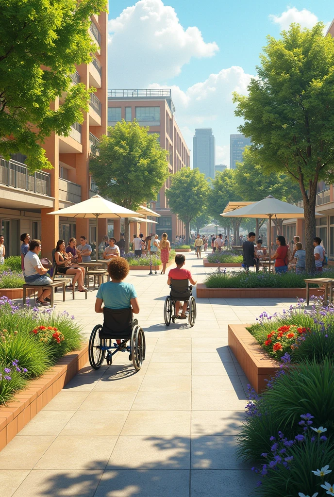 A public space where you can see the diversity of the environment where all people, including the disabled, can enjoy a sustainable place., Also where you can see the comfort of the place including its areas and also this has unlimited access and generates security for the person also where you can see benches, rob, city 