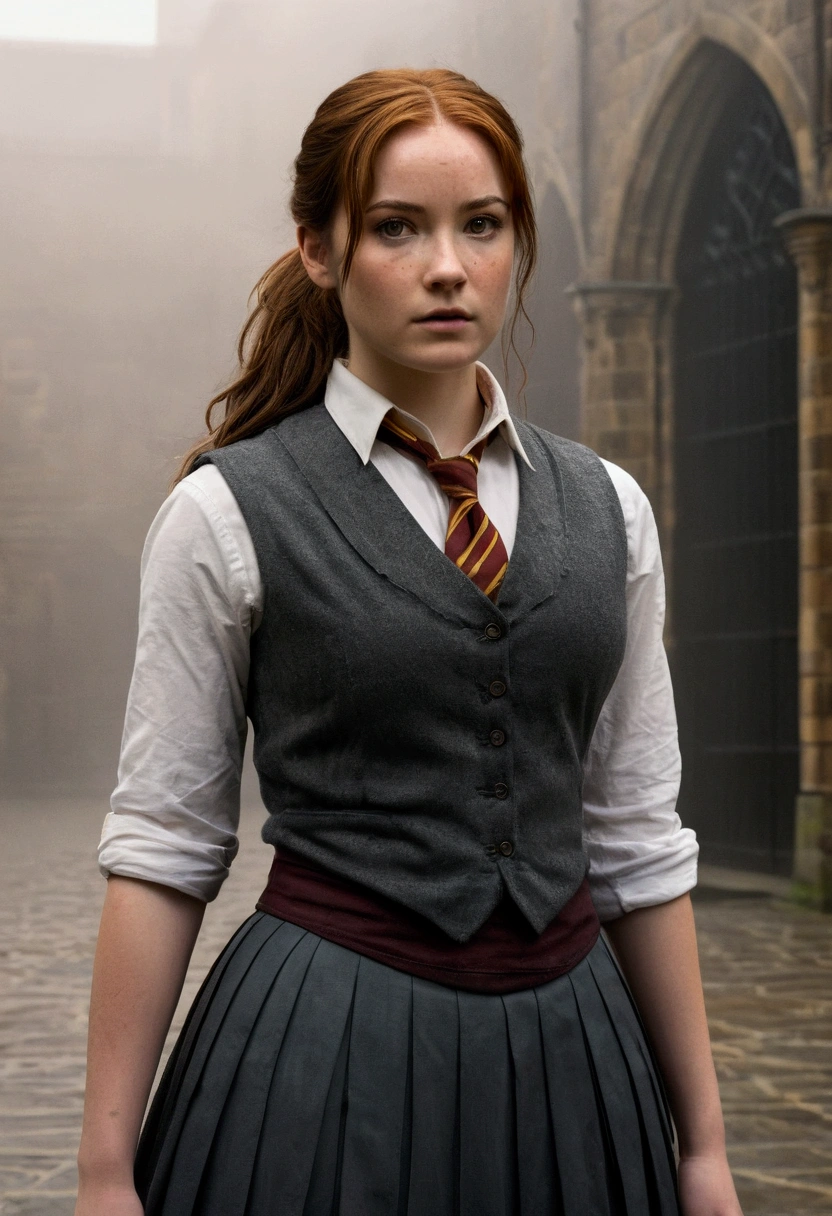 An illustrated movie poster, hand-drawn, full color, a female Hogwarts student, 1, wearing a charcoal vest and a pleated skirt, tall, toned, amazonian stature, athletic hourglass figure, full wide hips, massive round butt, long shapely legs, ridiculously thick powerful thighs, deep dark auburn hair, messy ponytail, flushed sun-kissed complexion, freckles, resembles Genevieve O'Reilly, standing in a foggy Hogwarts courtyard, surrounded by mist, graphite shading, stencil marks, airbrushed acrylic paint, masterpiece, in the Deathly Hallows