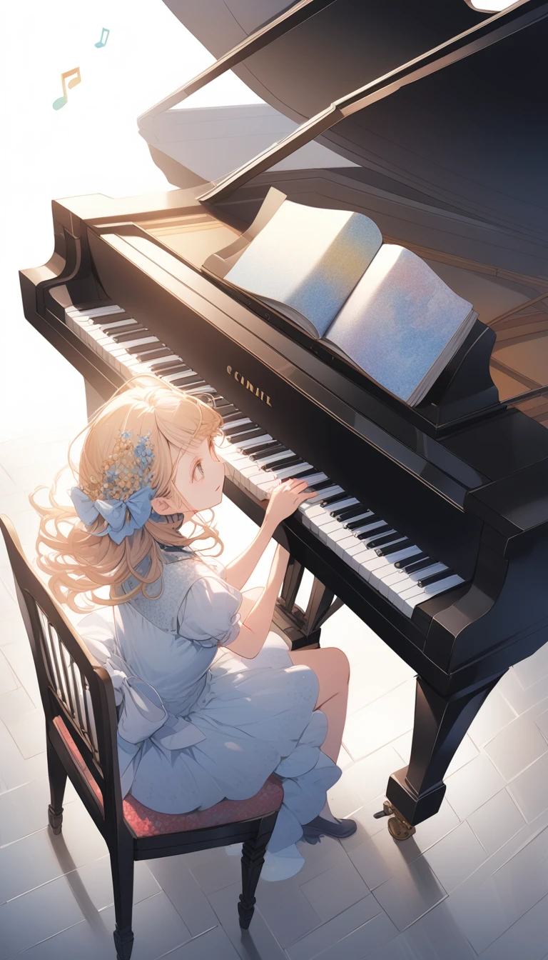 Picture book style, Mika Ninagawa style, girl happily playing piano in a dark cafeteria, grand piano, looking away, musical notes, picture book style detailed patterns, very cute, dynamic angle from above, top quality, glossy feel, detailed illustrations, beautiful and detailed texture