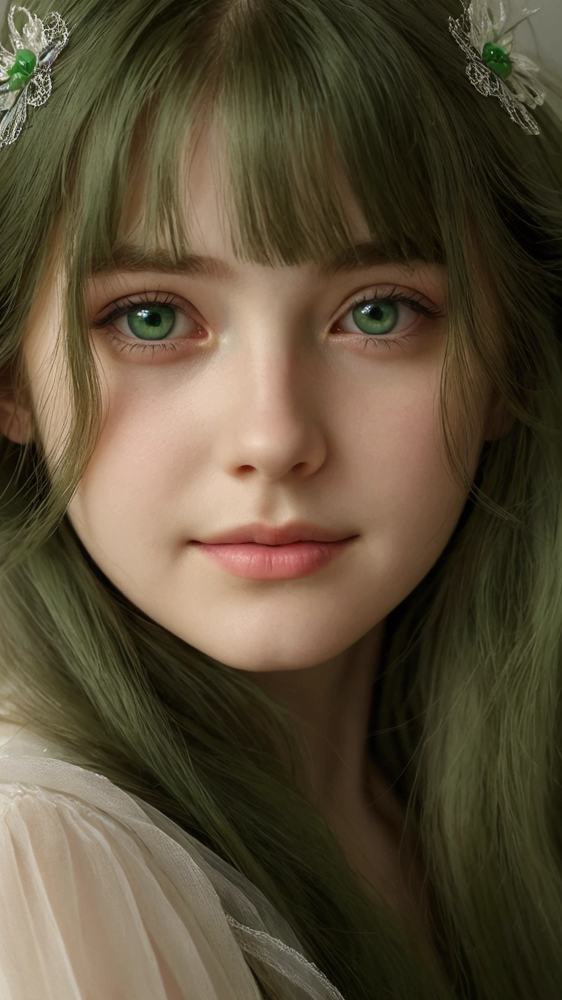 
a girl. European. Extremely detailed face. Oval face. Delicate facial features. Half-closed eyes. gentle. Long straight hair. Messy hair. Bangs. Green hair. Green eyes. Pensive. Melancholic. Ethereal. Innocent. smile
