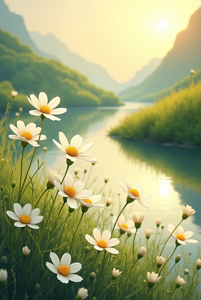 Landscape illustration and some white flower and beautiful nature type