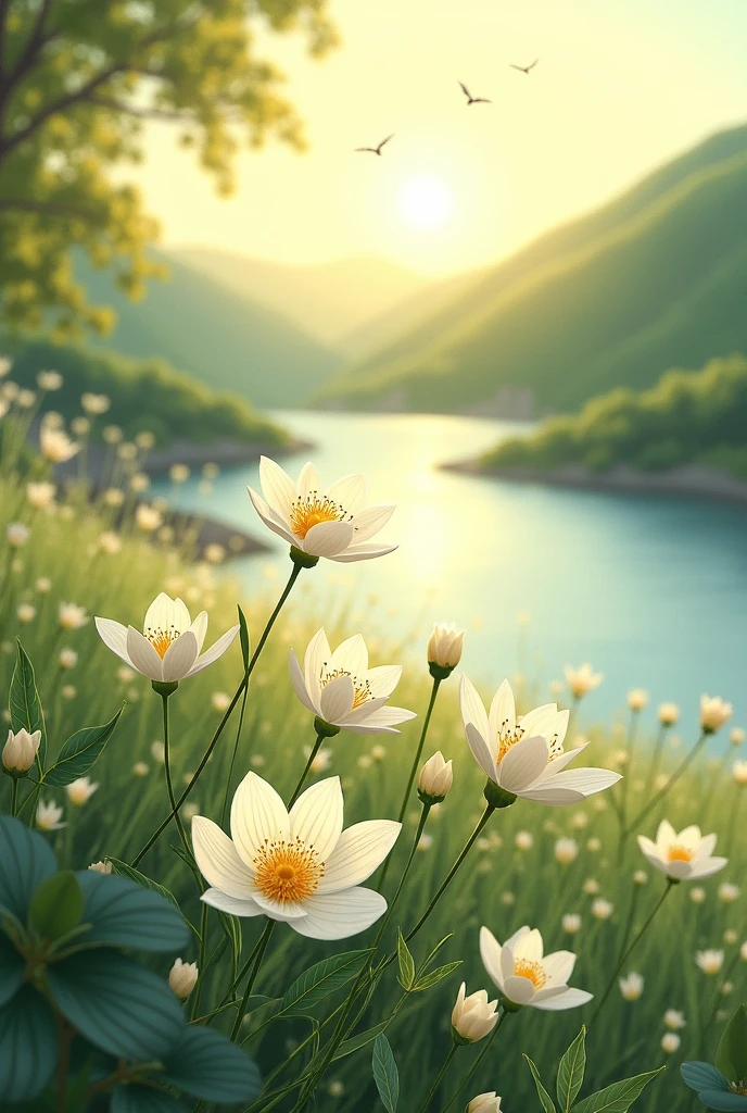 Landscape illustration and some white flower and beautiful nature type