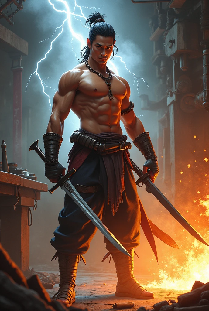 A asian man have a wind,electric,fire magic is a demigod and he's blacksmith have 2 Thaiswords and a 1gun and his stat are Speed , ingenuity , high sense , persuade