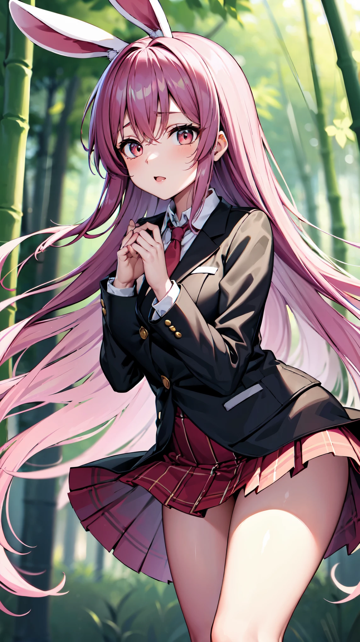 （（super high quality,Ultra-high resolution,16K,super masterpiece,Ultra HD,Ultra high definition,））One high school girl,White bunny ears,Very long straight purple hair,Slender body,Black blazer,White dress shirt,No.２I'm even removing the button,red long tie,Pink mini skirt,White socks,Looks at me so shyly,Leaning forward greatly,Hands tucked between the crotches,Bamboo forest in the morning sun,A strong wind is blowing,The wind messes up my hair and skirt,
