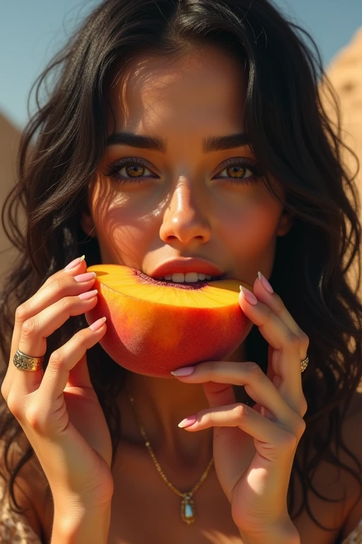 A very beautiful Egyptian woman in her 30s、Looking straight ahead、With an erotic and ecstatic look、Looks delicious、is eating a peeled peach with his mouth wide open。Background、Please recommend some famous Egyptian tourist spots.。There are five fingers on one hand。9:In 16 sizes、Highest quality、A masterpiece please。