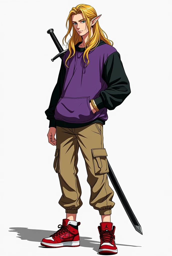 Anime boy with long blonde hair and green eyes holding a sword, handsome guy, Facial features reminiscent of Link from The Legend of Zelda, but wearing a purple and black sweatshirt and wearing beige cargo pants and red Jordan sneakers, black andwhite, and carrying his long sword at his waist in its scabbard with his hand on the hilt holding it, of lean physique, but muscular,Tall anime man with green eyes in a pose that conveys happiness and love