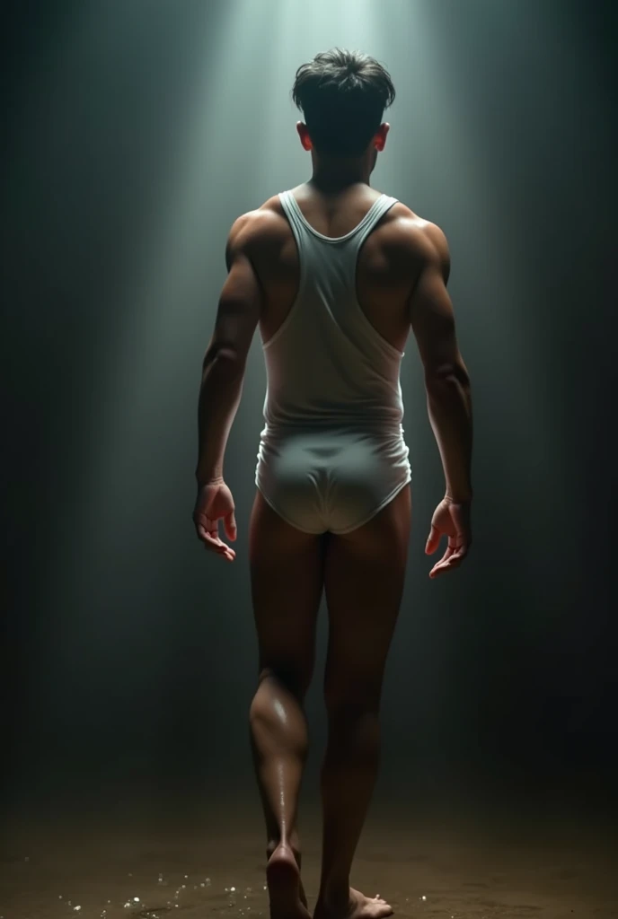 a handsome Asian man, he is wearing a springy white tank top, wet, standing on his back showing his ass, dramatic lighting, hyper-realistic, 8k, high quality, intricate details, cinematic composition, glowing skin, dramatic atmosphere, moody lightingstanding on his back showing his ass with lean legs