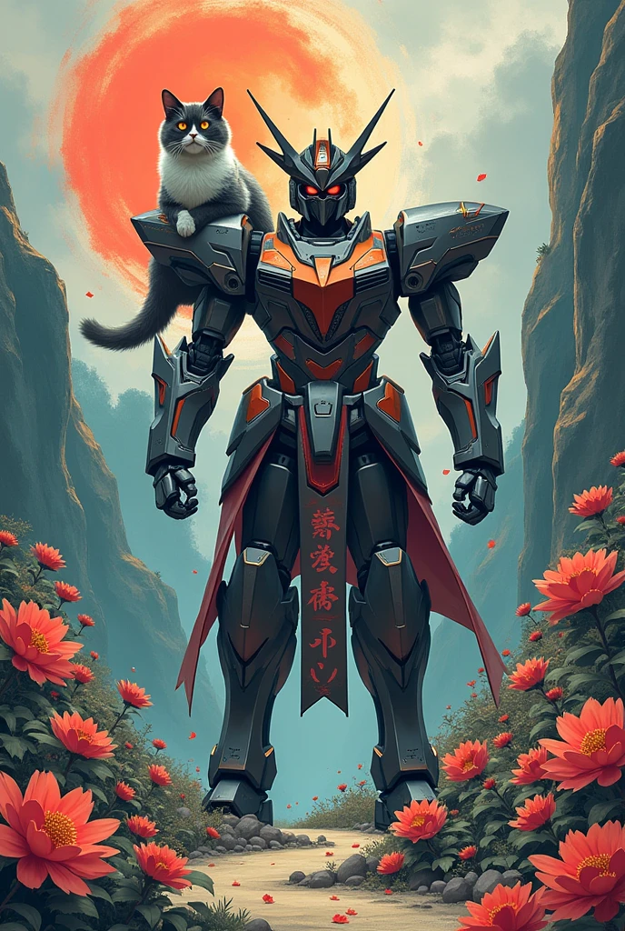 Gundam，cat，abstract。狐cat。Japanese style。warrior。armor。geisha。Paths between flowers。