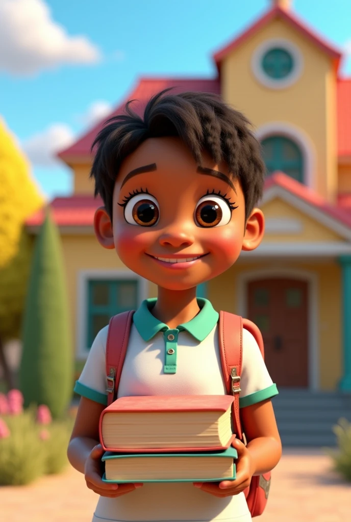create a pixar style 3D cartoon image of a mulatto girl , wearing a white polo shirt with green sleeve ends and collar and wearing a backpack holding some books in front of a school