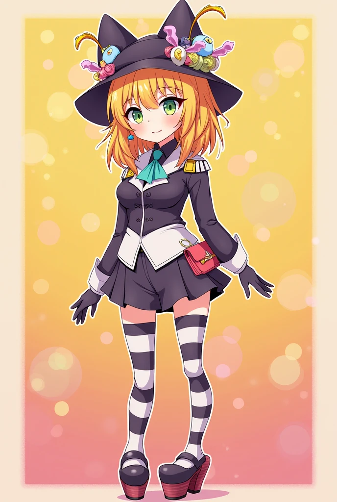 Anime full body girl, weird looking, stripey stockings, weird hat, gloves, warm colors, perdect face, hair accessories, colorful, shorts, accessories, official top outfit