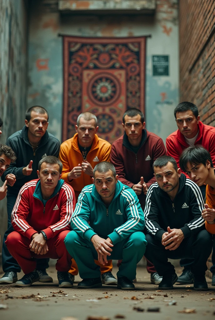 Generate a highly detailed scene featuring ten characters from 'Rick and Morty' squatting in an Armenian urban setting. Each character should be wearing a different-colored Adidas tracksuit and holding prayer beads. All characters should be in a squatting position, showing aggressive and streetwise expressions. The background should include a traditional Armenian carpet with intricate patterns hanging on a weathered brick wall, along with gritty elements like graffiti and dim, moody lighting. Integrate subtle Armenian cultural symbols, such as khachkars or traditional motifs, into the scene. Ensure each character’s unique personality is vividly portrayed through their facial expressions, gestures, and postures, creating an edgy and intense atmosphere that blends the surreal style of 'Rick and Morty' with the authentic, rough vibe of an Armenian cityscape.