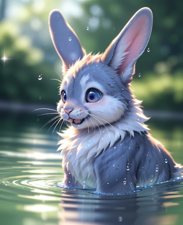 (Highest quality,4K,8k,High resolution,masterpiece:1.2),Very detailed,(Realistic,photoRealistic,photo-Realistic:1.37),Cute happy rabbit, Rabbit ,Soft fur,Vivid eyes,Playful water drops,fuzzy, Very fluffy,Shiny wet fur,Enjoying the water, Adorable expression,Vibrant colors, Whiskers twitching, Sparkling eyes,Wet nose,