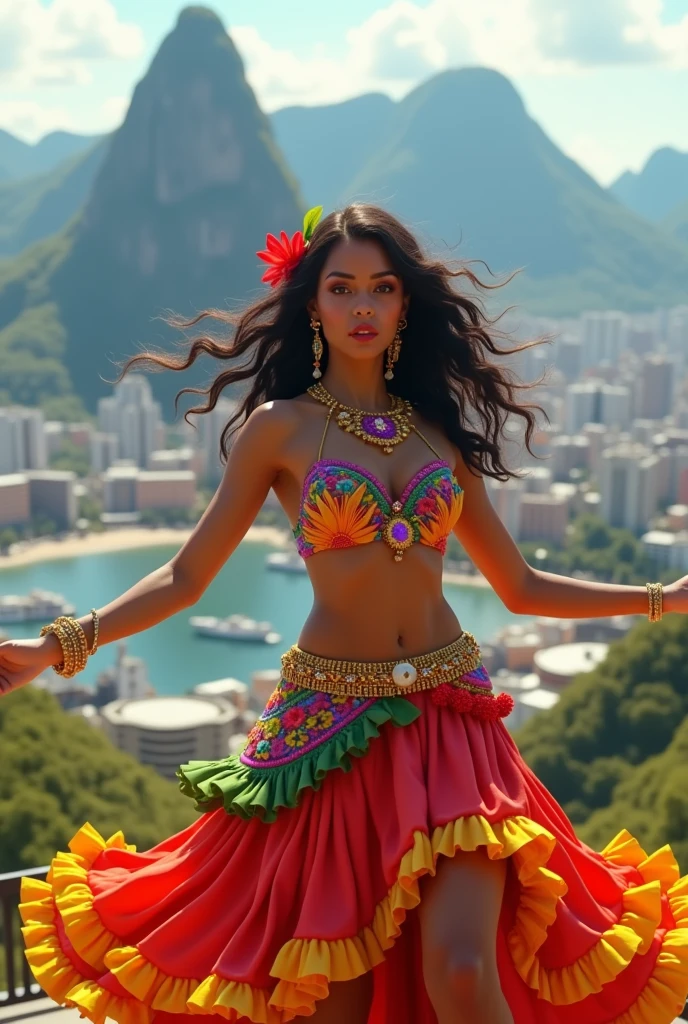 The character Wednesday dressed as a Brazilian woman doing dances from the TikTok app in a panorama of the city of Rio de Janeiro , make the way she dances more evident, I need it to be Wandinha dancing samba