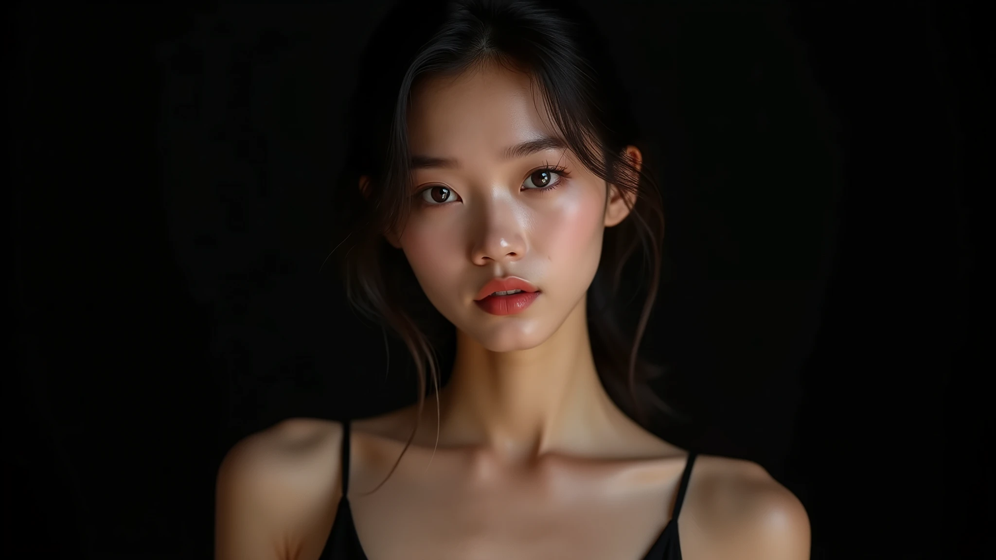Best Quality, 8k, Masterpiece, (Portrait: 1.3), (photo realistic:1.4), (hyper realistic:1.4), Sharp Focus, looking at viewer, (smoother lighting:1.1), (increase cinematic lighting quality:0.9), realistic lighting, backlighting, light on face, ray trace, (brightening light:1.2), (Increase quality:1.4), sharp detail, (best quality real texture skin:1.4), finely detailed eyes, black_eyes, finely detailed face, 25 year old tanned Korean woman, camisole, void black back ground
