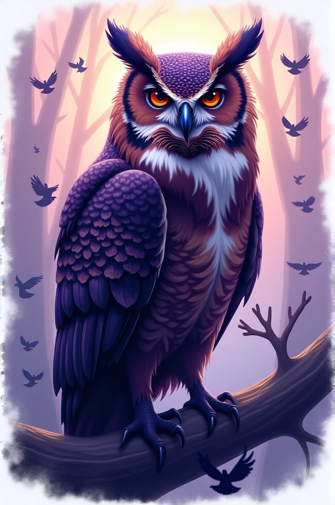 I want to create a LOGO, a purple owl, male, large, realistic, on the top S2G, on the bottom write GOKSEL, in the background owls should fly