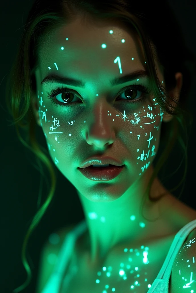 Close-up of woman's face, glowing green holographic equations projected onto skin. Intense gaze, realistic features. Dark background, cyberpunk aesthetic. Luminous mathematical formulas, handwritten style. Futuristic, high-tech atmosphere. Photorealistic rendering, dramatic lighting, sharp contrast, cleavage