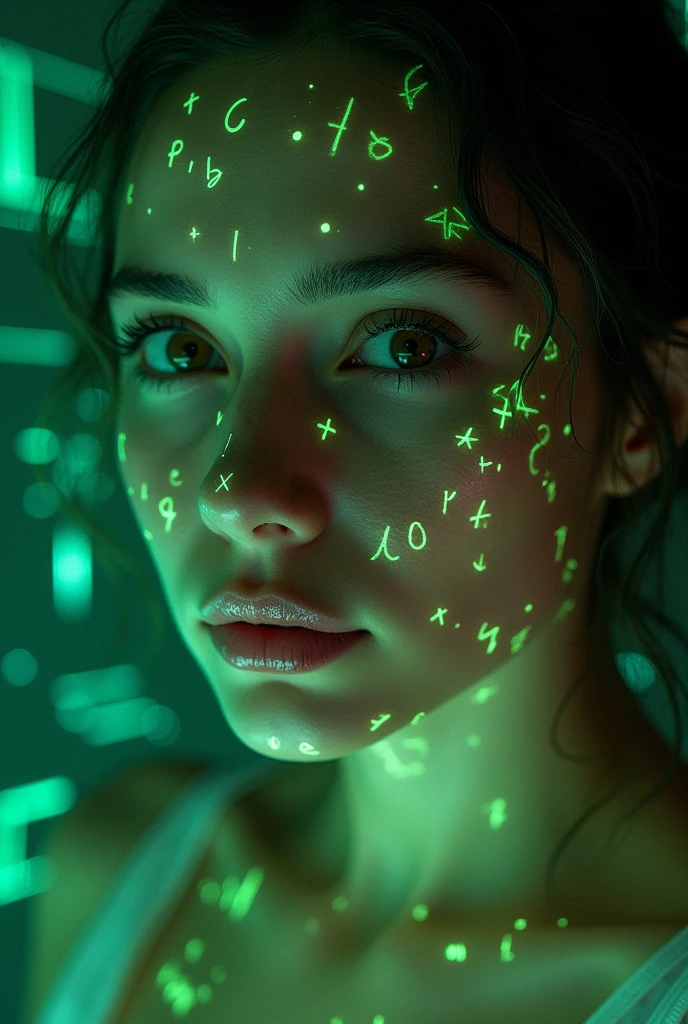 Close-up of woman, glowing green holographic equations projected onto skin. Intense gaze, realistic features. Dark background, cyberpunk aesthetic. Luminous mathematical formulas, handwritten style. Futuristic, high-tech atmosphere. Photorealistic rendering, dramatic lighting, sharp contrast,