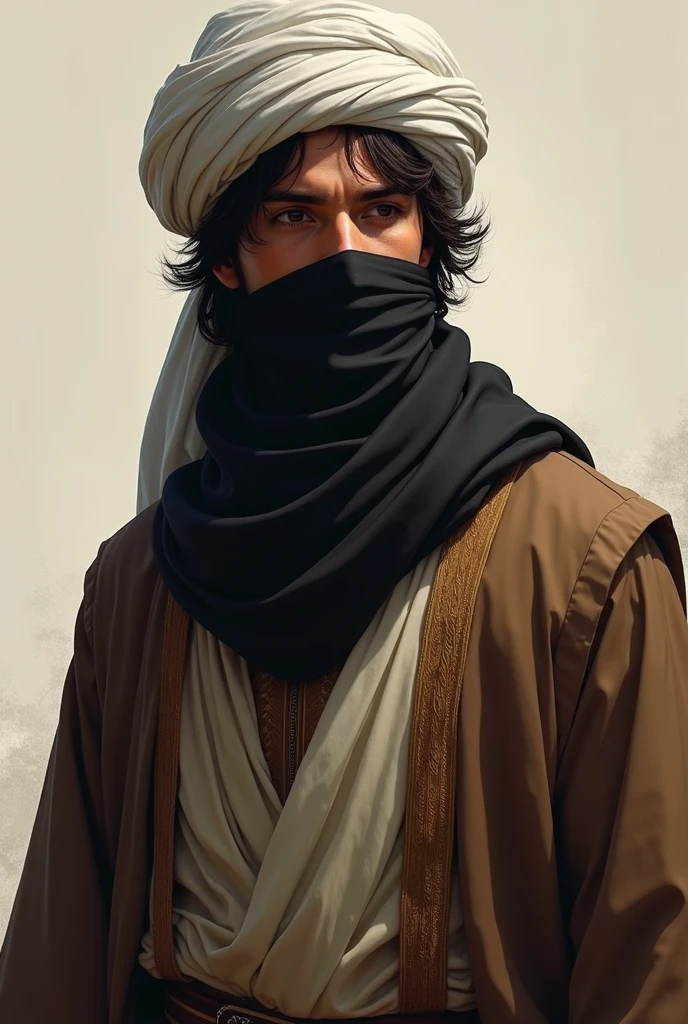 (photorealism:1.2), A man in his twenties. He has a white Islamic turban on his head. wearing brown Islamic robes. wearing a black veil covering her face. her hair is messy. realistic animation drawing.