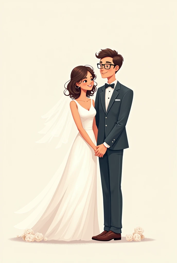 Create a drawing of a girl dressed as a bride with white skin and curly hair and a boy dressed as a groom with dark to light black skin and glasses where they are both looking forward for a wedding invitation