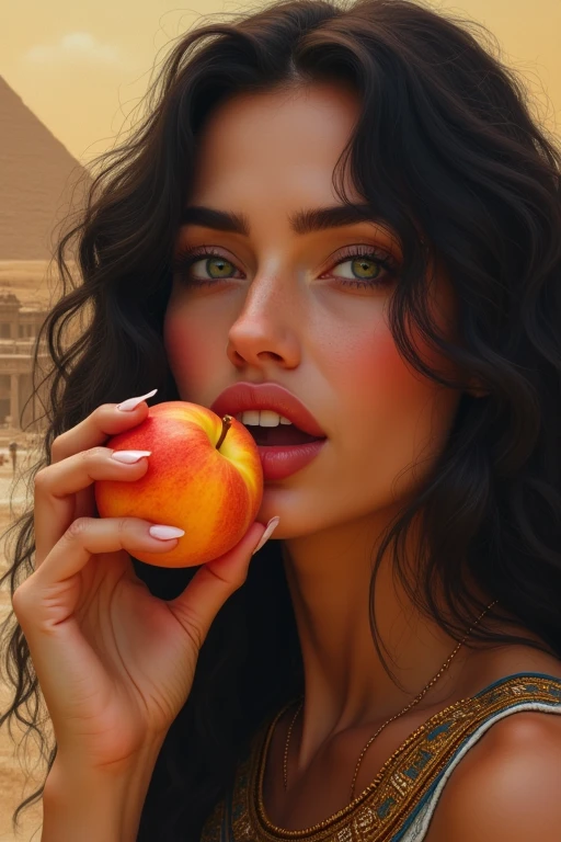 A very beautiful Egyptian woman in her 30s、Looking straight ahead、With an erotic and ecstatic look、Looks delicious、is eating a peeled peach with his mouth wide open。Background、Please recommend some famous Egyptian tourist spots.。There are five fingers on one hand。9:In 16 sizes、Highest quality、A masterpiece please。