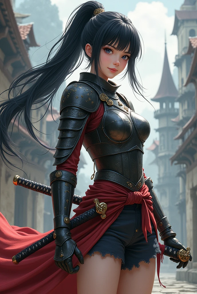 full body display、Fantasy World Inhabitants、Older swordswoman、Age 35、Cute face、Japanese、Mysterious look、smile、Fearless smile、Long Black Hair、ponytail、Bangs are drooping、Upper body is wearing armor、Shorts、Warrior's attire、Holding a Japanese sword、Equipped with a Japan sword、A person with fluffy hair、Background is medieval European style、
