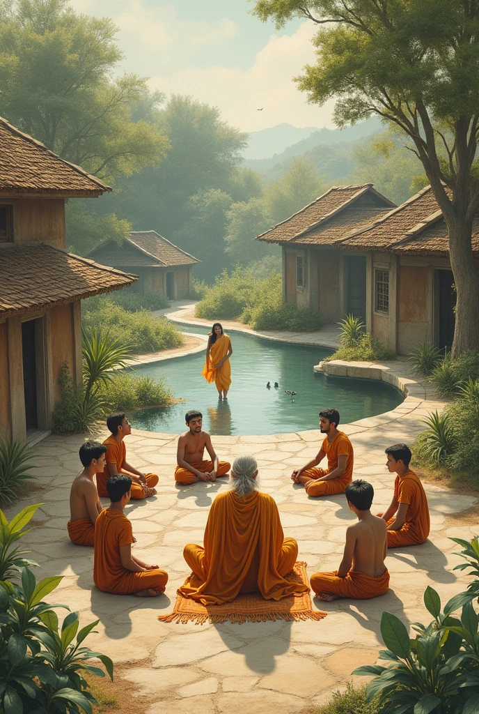 image of an ancient indian setting there a sage is teaching students something in an ashram next setting called as Gurukul outside the his house also show the guruma make the image more paining vintage than realistic we don't want it can be in the form of a painting the students are all boys and are sitting make the period 1500 bce make the image in thr form of watercolor
