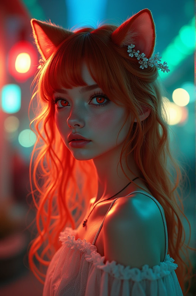 qute girl with red hair and deep red eye. cat ears and long hair. outside blue red & green light mixed background 8k ultra hd photo (master piece)