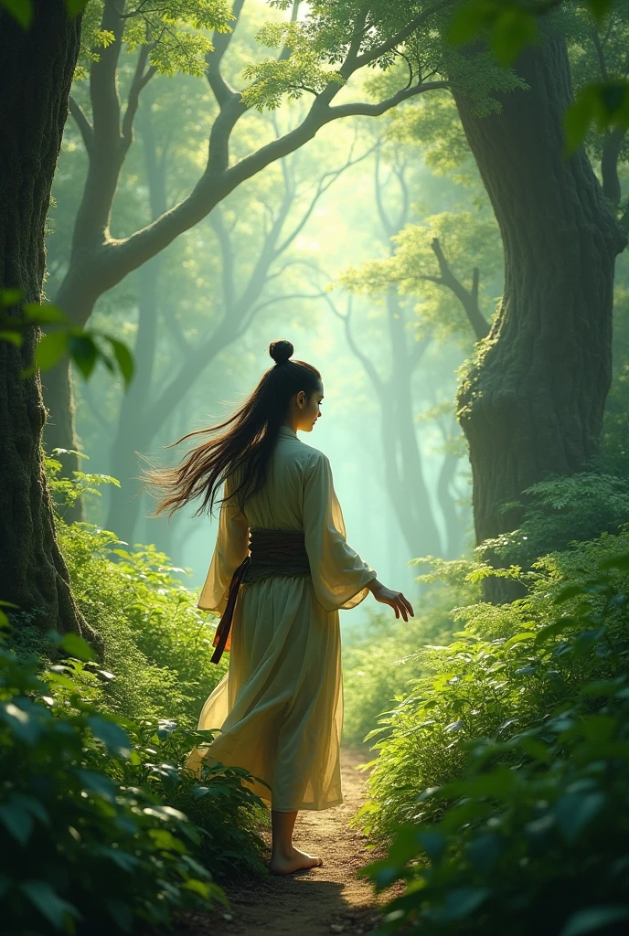 Watch people living in ancient China during the Tang Dynasty. A beautiful young woman without makeup, her hair down, not tied up, wearing a hunter's outfit, walking in the dense forest to find herbs. Increase the angle.