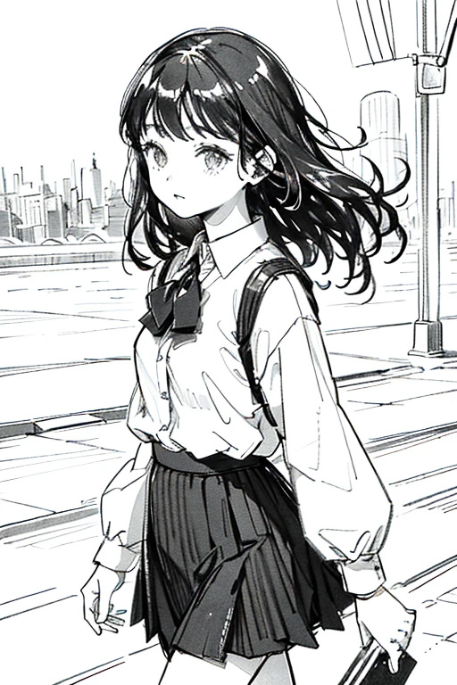 One Girl,Line art,Monochrome,sketch,Pencil drawing,Traditional Media,One Girl, skirt,Cute Teenage Girls, ,Beautiful portrait、Delicate body、Black Hair、Black Hair,landscape,Black and White ,walk