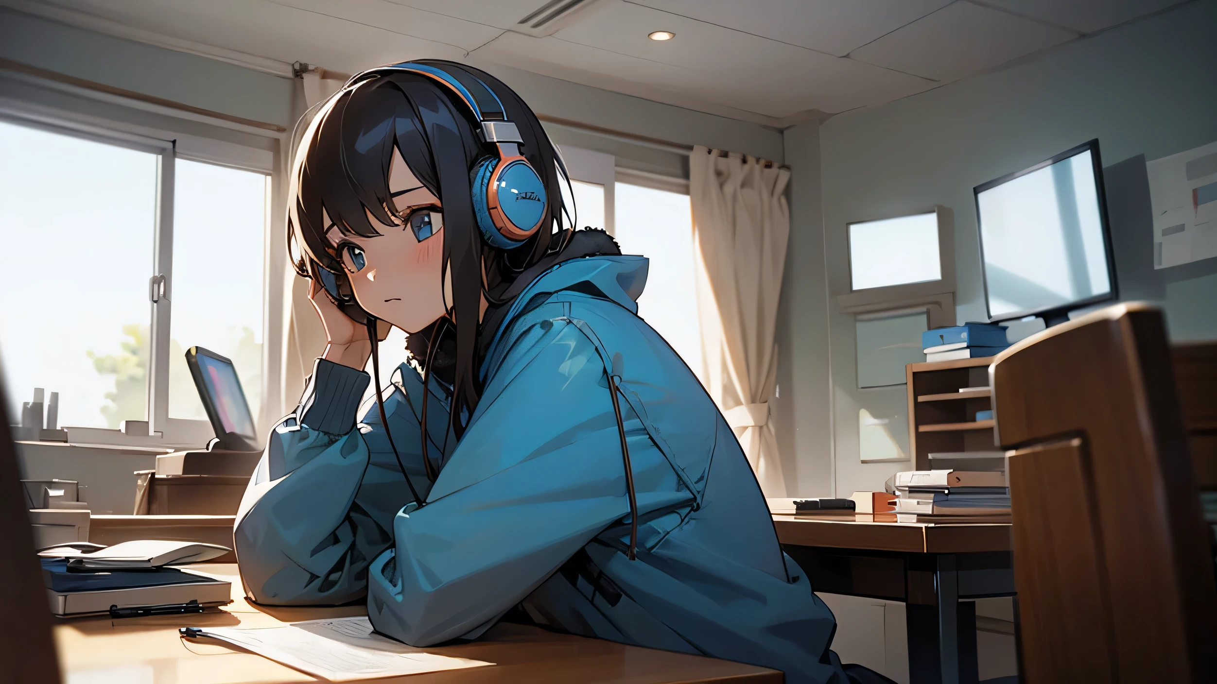 create a girl studying in the room with headphones very focused