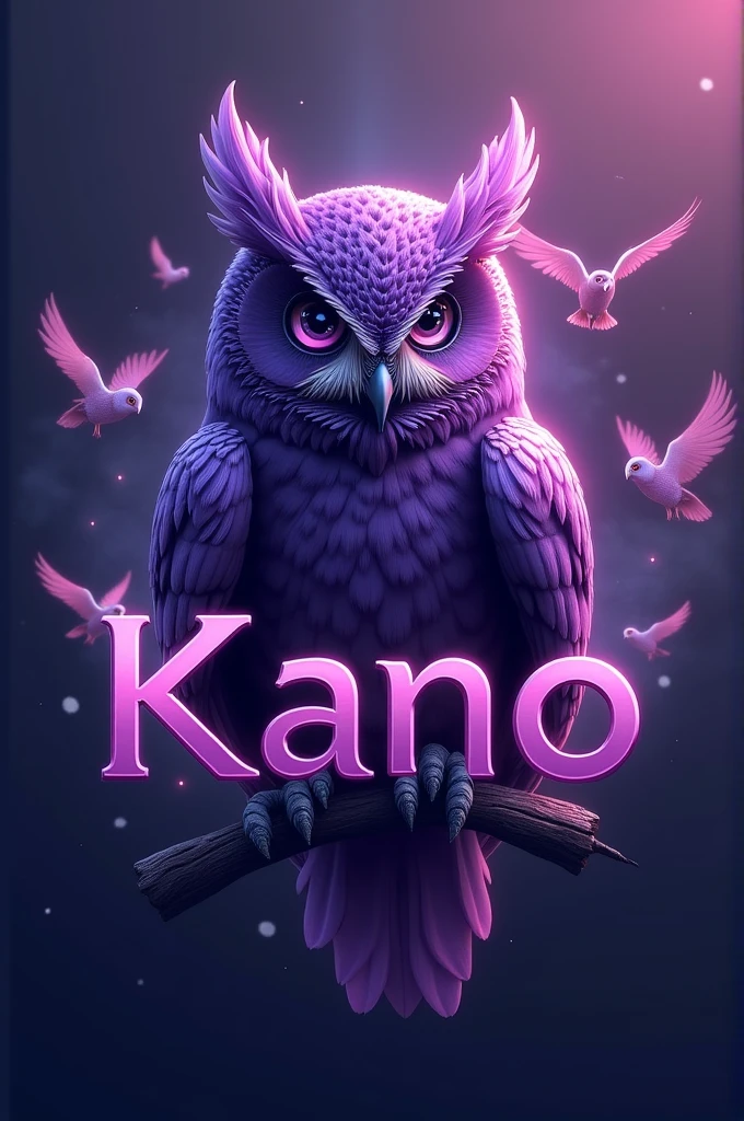 I want to create a LOGO, a purple owl, male, large, realistic, on the top S2G, on the bottom write KANO, in the background owls should fly