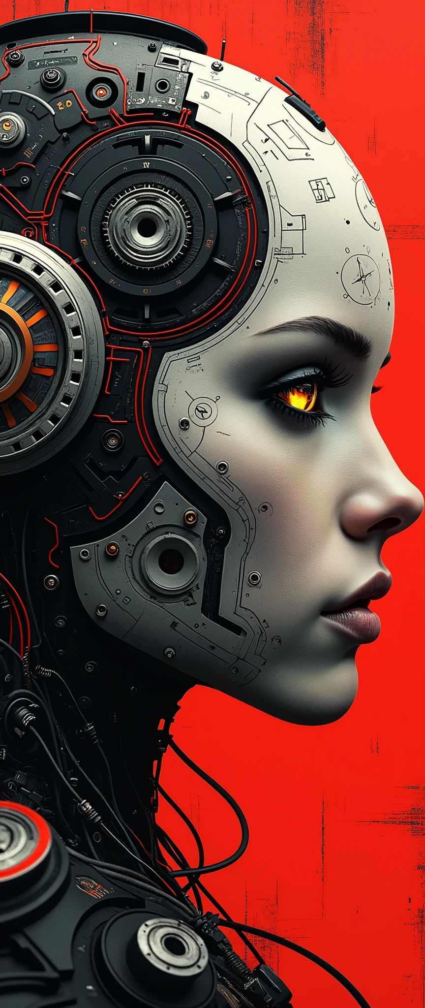 A futuristic cyborg's face fills the frame, split by a metallic-organic dichotomy. Metallic half: gears whirring, wires snaking, mechanical parts clicking. Organic half: black ink tattoos swirl, symbols blend seamlessly into metal. Eyes: cybernetic gold glow on one side, piercing natural intensity on the other. Red-black abstract background complements the face. High contrast emphasizes intricate details: circuitry patterns, shapes, and gears merge in a technological-human fusion.