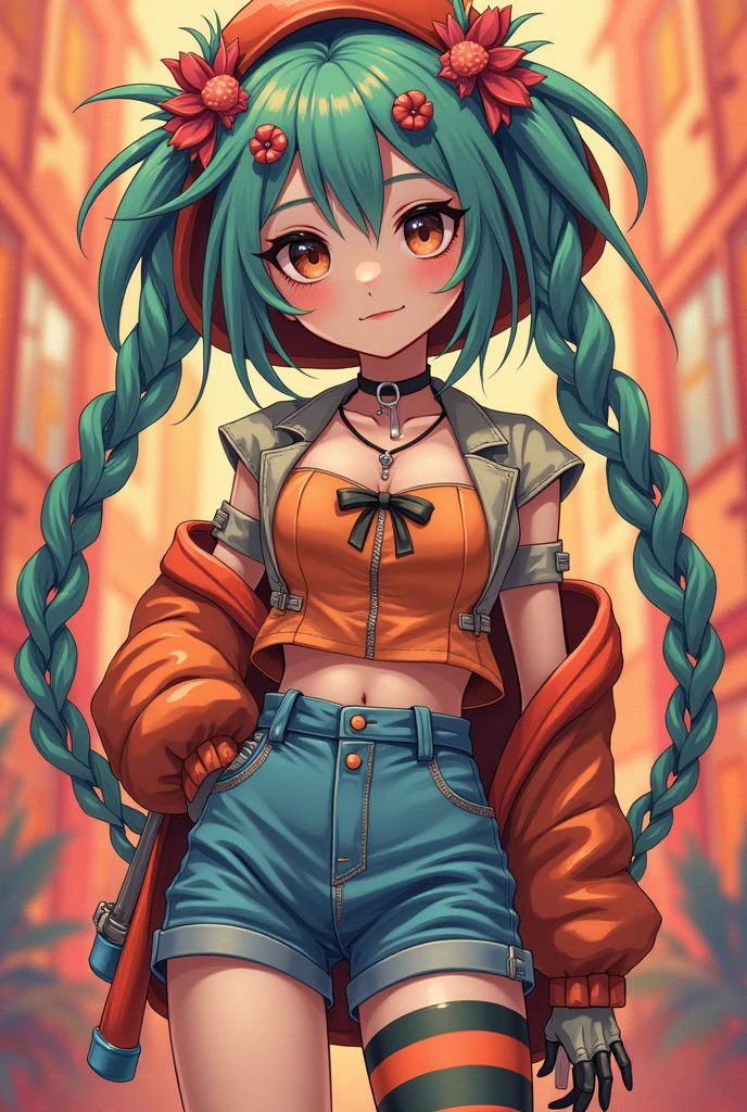 Anime full body woman, weird looking, stripey stockings, weird hat, gloves, warm colors, perdect face, hair accessories, colorful, shorts, accessories, official top outfit