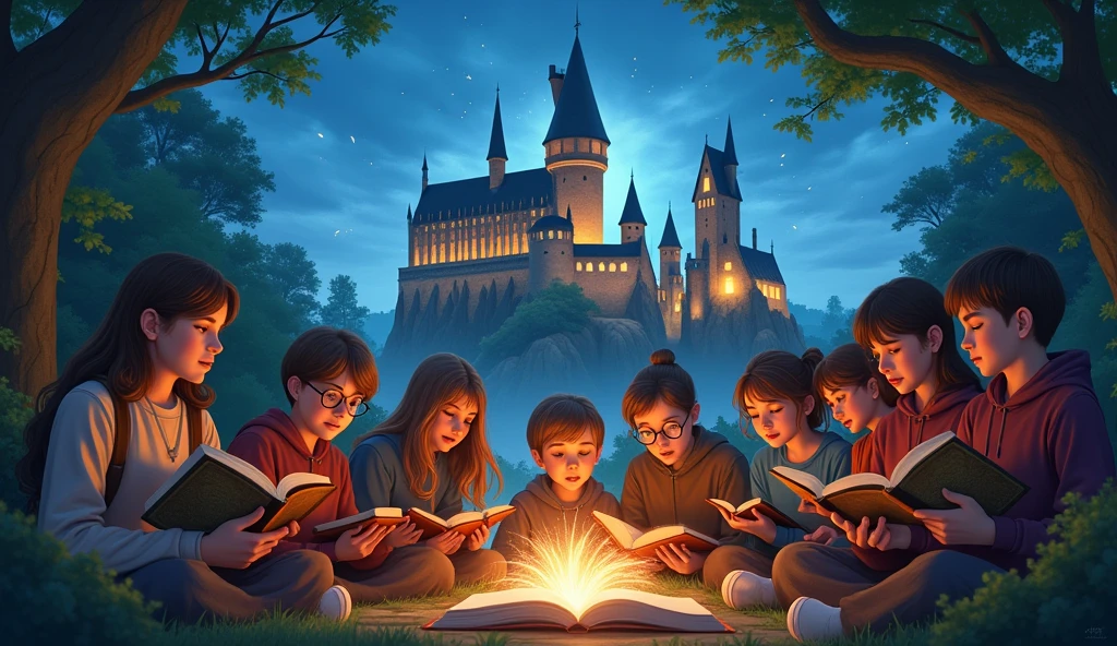 Create a heartwarming and inspiring image that captures the lasting impact of J.K. Rowling’s legacy. The scene should show a magical world where children and readers of all ages are gathered around, reading Harry Potter books. In the background, depict a glowing Hogwarts castle with an aura of magic. Overlay subtle images of Rowling’s charitable work, like the Lumos logo, blending with scenes of children being helped and supported. The image should evoke the themes of friendship, bravery, and love, emphasizing that magic exists for those who believe."