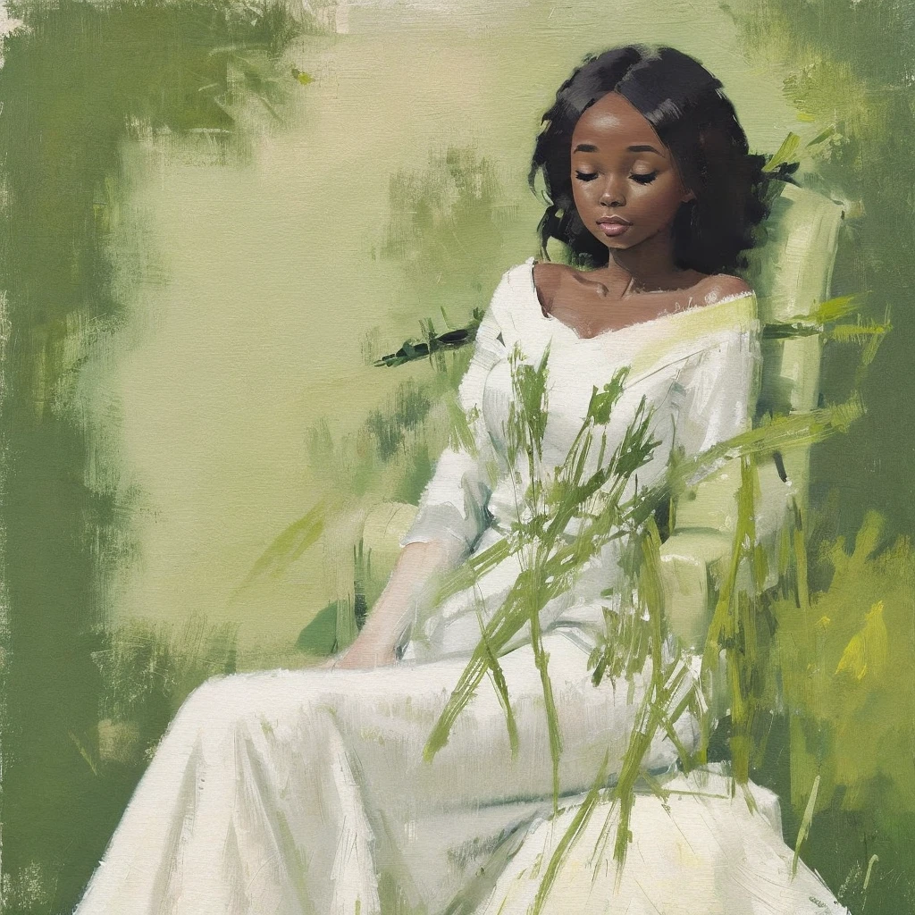 A painting of a Black woman reclining in a chair against a green wall, wearing a white outfit. The woman appears relaxed, with her eyes closed and one arm resting on her chest. The style is abstract with soft, painterly brushstrokes, and a calm, muted color palette,Use a dark tone overall and a color that stands out as an accent,((Primitive Art))