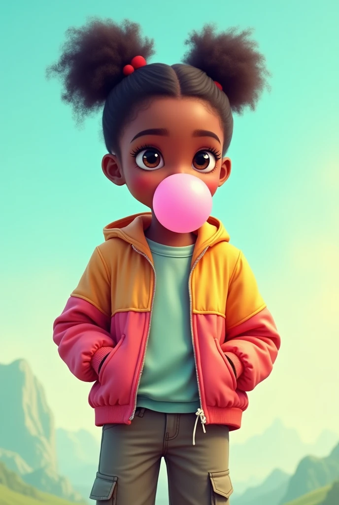 (For a profile picture)Short heighted Semi african girl blowing bubble gum with a loose color full jacket and loose black cargo pants, with a light blue and light green background