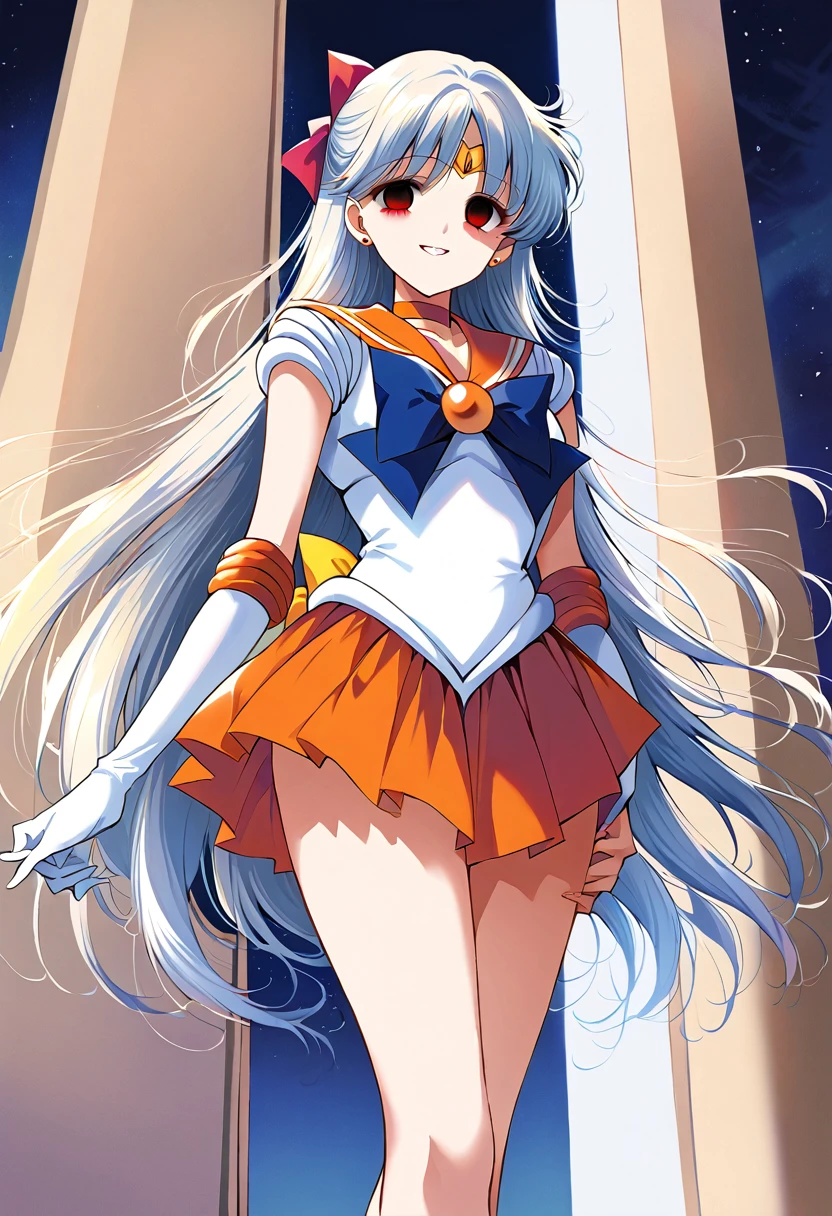(masterpiece, Highest quality, so beautiful, Very detailed), Intricate details, 12k, Honestly,Awe-inspiring, Long Hair, Blonde, Hair Ribbon, tiara, Earrings, blue eyes, Orange Choker, Orange sailor collar, Blue ribbon, White shirt, Elbow hand pockets, White gloves, Pleated skirt, Orange Skirt, barefoot, Are standing, Cowboy Shot,,(Wicked Smile:1.2), One person,(Silver Hair:1.4),(empty eyes,:1.4),From below,Watching the dawn,Dark aura,View your audience,(red eyes:1.2),