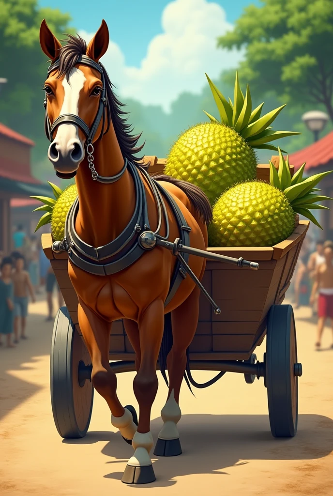 A horse with two jackfruits, one on each side, with a rearview mirror, going to the market