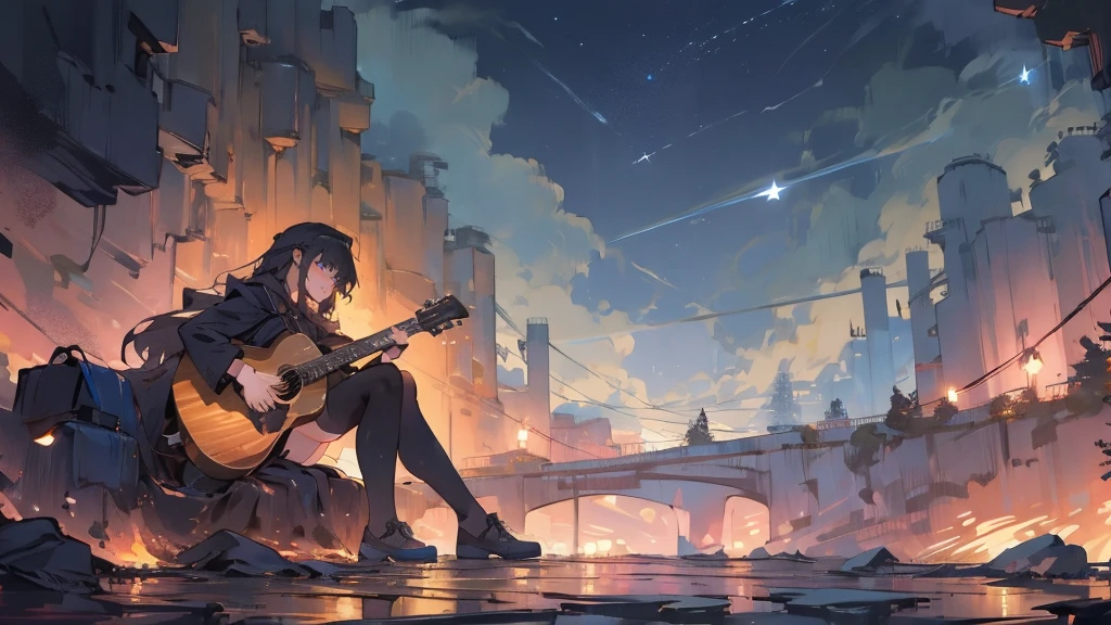 masterpiece,night,(dark alley),star、Night evening Sky、milky way、octone、
(1. Female), (solo), Knee hugging sitting，acousticguitar