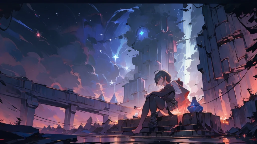 masterpiece,night,(dark alley),star、Night evening Sky、milky way、octone、
(1. Female), (solo), Knee hugging sitting,acousticguitar