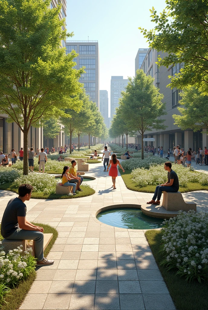 Urban park, with realistic materiality, realistic people, in isometric perspective , with transparent bottom
