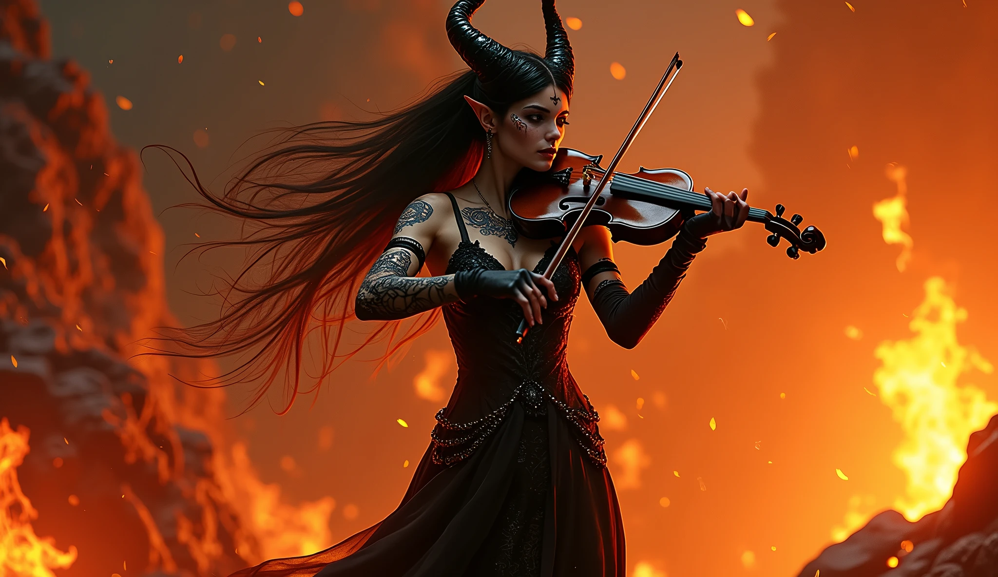A mesmerizing demoness with fiery eyes and dark, swirling tattoos stands amidst a landscape of flames and molten lava. She plays an infernal violin, her music sending waves of dark energy through the air, as her captivating gaze invites you into the depths of her eternal symphony. Aim for realistic depiction, make sure photos are at highest resolution (8K)