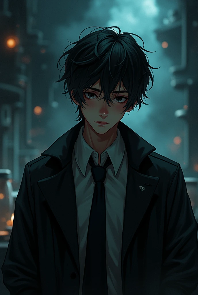 anime,black hair,male,Lab coat Black,tie(unbutton),eyes bags,black ground fantasy,sleeping