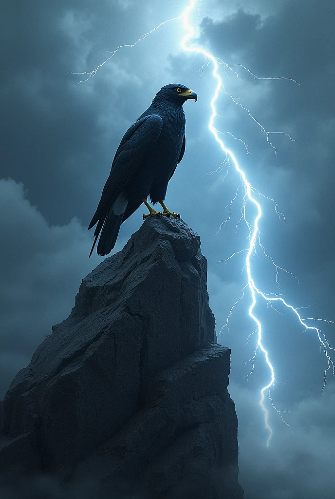 Make a black hawk on top of a rock, lightning falling behind