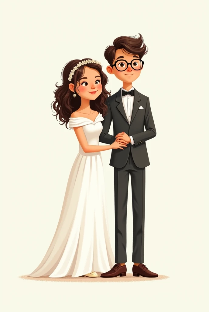 Create a drawing of a girl dressed as a bride with white skin and curly hair and a boy dressed as a groom with dark to light black skin and glasses where they are both looking forward for a wedding invitation