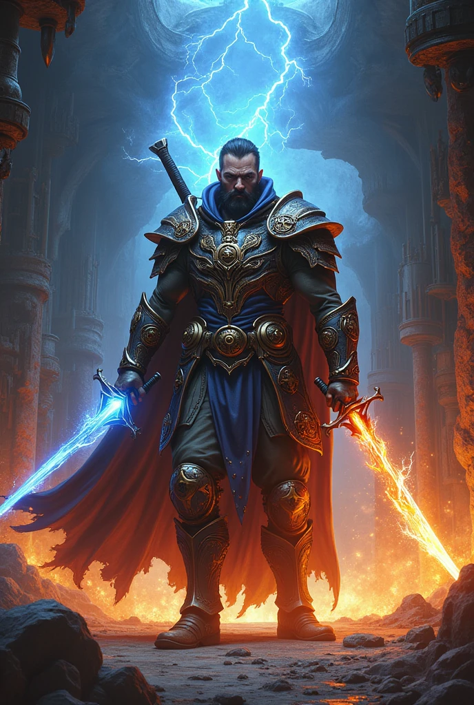 A man have a wind,electric,fire magic is a demigod and he's blacksmith have 2swords and a 1gun and his stat are Speed , ingenuity , high sense , persuade