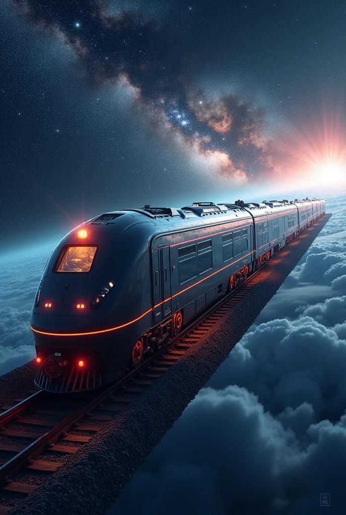 Train-shaped spaceship,10-car train,(Beautiful aircraft:2.0),(The background is outer space and the Milky Way:1.6),masterpiece,Highest quality,Ultra-high resolution,(Super detailed),8k,Realistic,Best aesthetics,beautiful,(dynamic)
