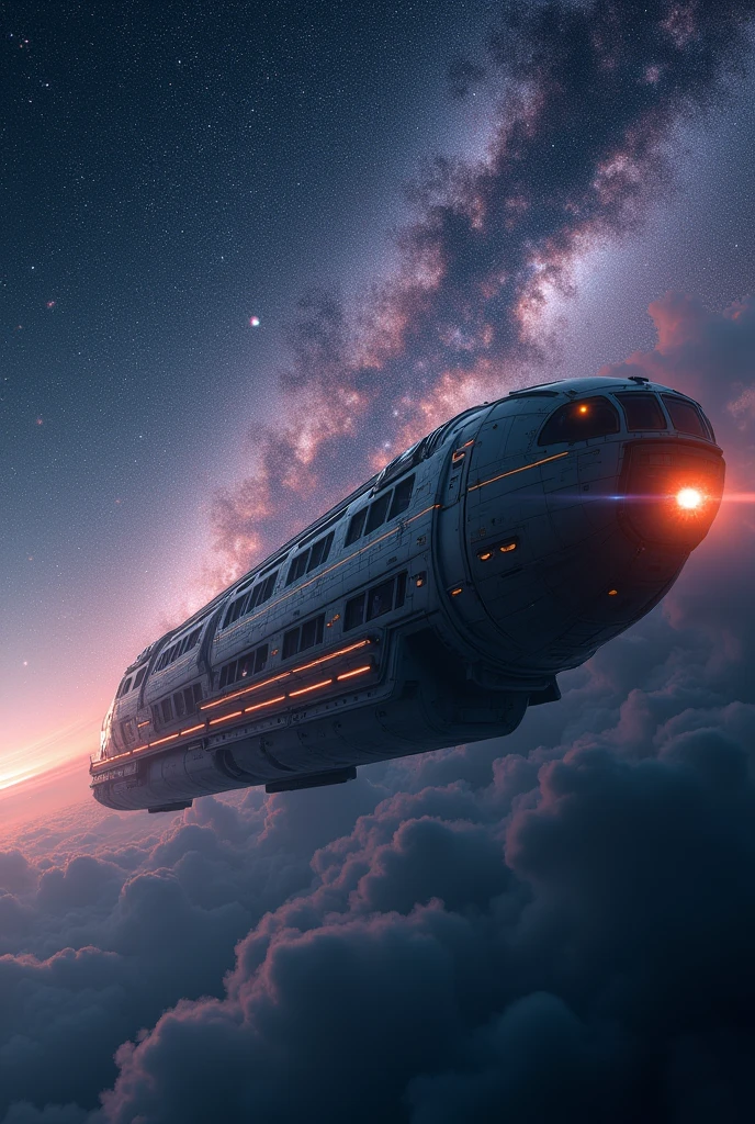 Train-shaped spaceship,10-car train,(Beautiful aircraft:2.0),(The background is outer space and the Milky Way:1.6),masterpiece,Highest quality,Ultra-high resolution,(Super detailed),8k,Realistic,Best aesthetics,beautiful,(dynamic)